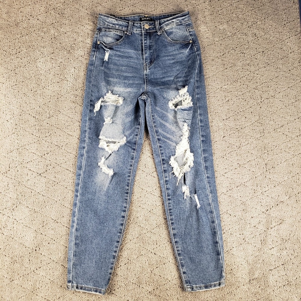 Elite Jeans Womens 5 Blue High Rise Mom Stretch Distressed Denim Ripped